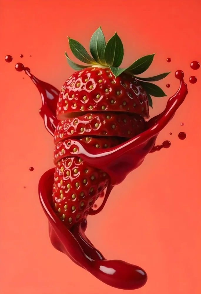 Sliced Strawberry With Red Liquid Splash Vibrant Colors Studio Shot Clean Background Dynamic Composition Food Photography Close Up Juicy Refreshing Appetizing Visually Appealing Mouthwatering 17 17e6