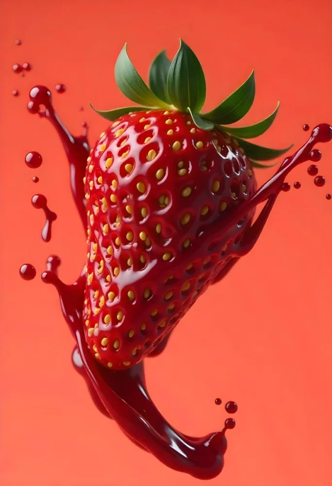 Sliced Strawberry With Red Liquid Splash Vibrant Colors Studio Shot Clean Background Dynamic Composition Food Photography Close Up Juicy Refreshing Appetizing Visually Appealing Mouthwatering 24 48bb