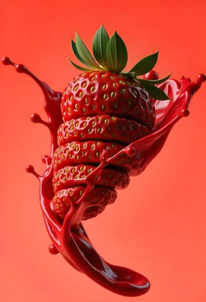 Sliced Strawberry With Red Liquid Splash Vibrant Colors Studio Shot Clean Background Dynamic Composition Food Photography Close Up Juicy Refreshing Appetizing Visually Appealing Mouthwatering 34 9a71
