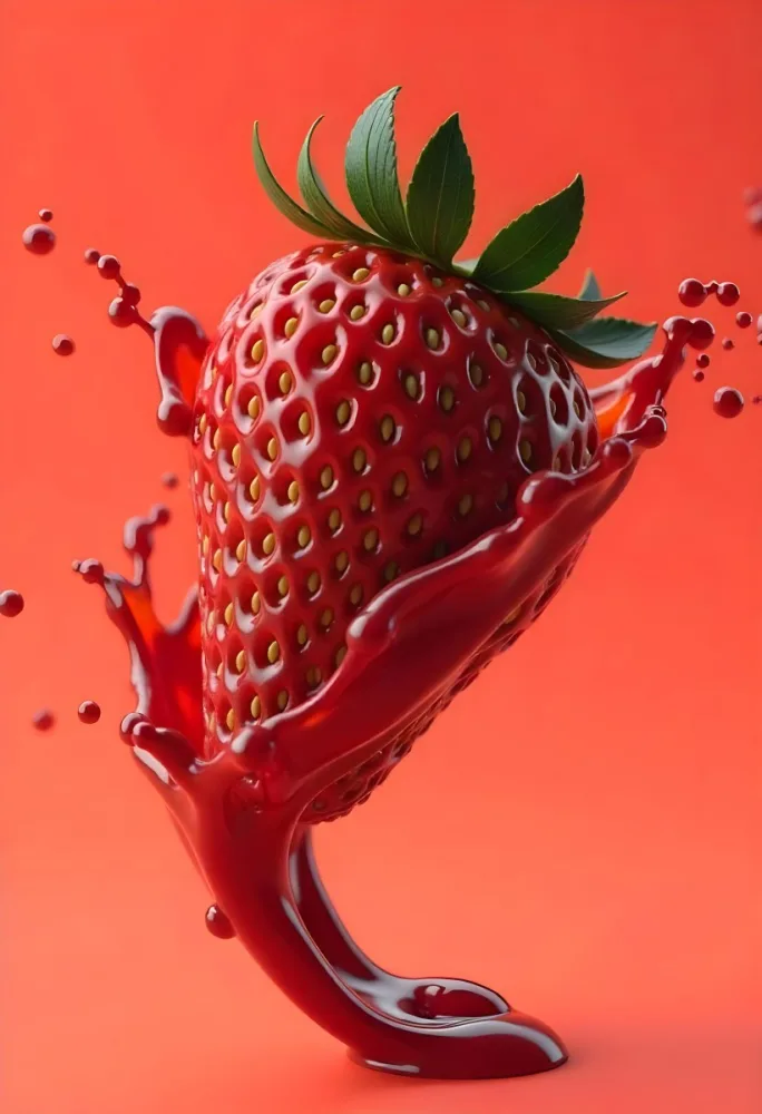 Sliced Strawberry With Red Liquid Splash Vibrant Colors Studio Shot Clean Background Dynamic Composition Food Photography Close Up Juicy Refreshing Appetizing Visually Appealing Mouthwatering 36 D795