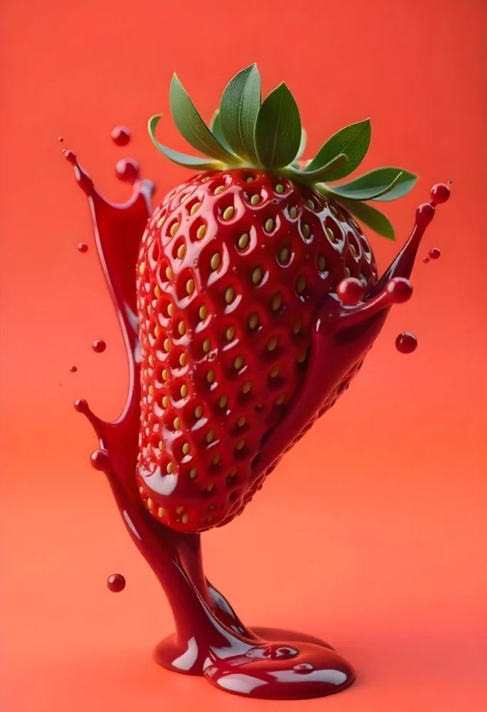 Sliced Strawberry With Red Liquid Splash Vibrant Colors Studio Shot Clean Background Dynamic Composition Food Photography Close Up Juicy Refreshing Appetizing Visually Appealing Mouthwatering 5 B64d