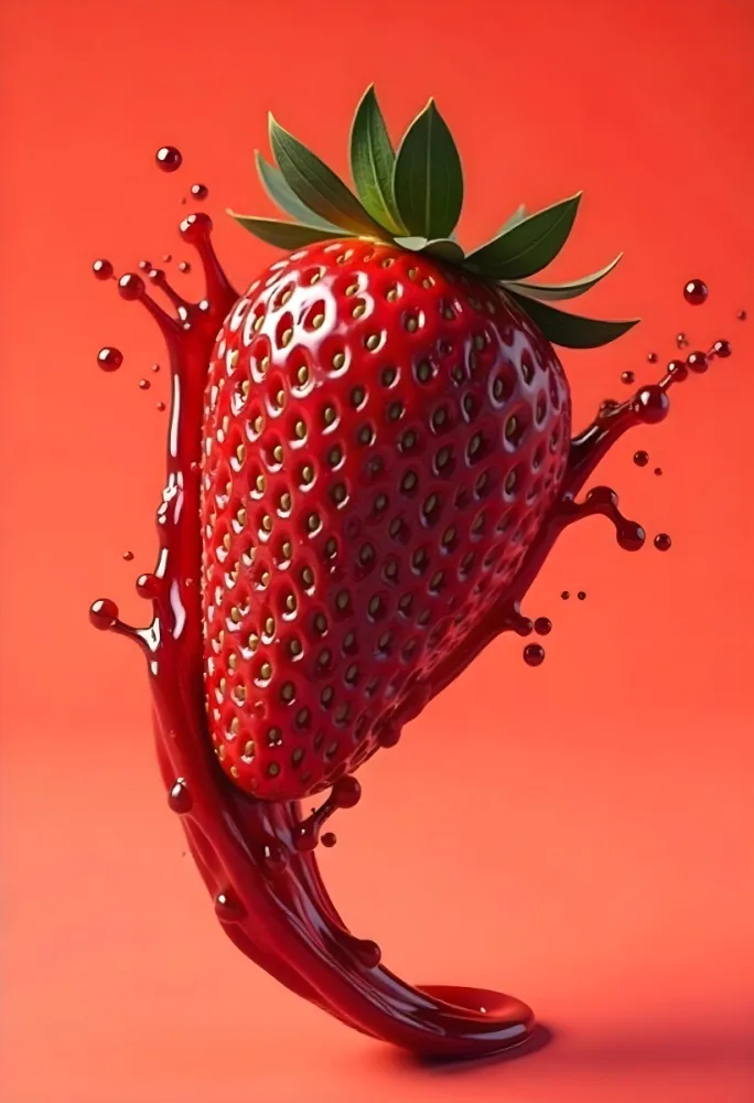 Sliced Strawberry With Red Liquid Splash Vibrant Colors Studio Shot Clean Background Dynamic Composition Food Photography Close Up Juicy Refreshing Appetizing Visually Appealing Mouthwatering 9 F44c