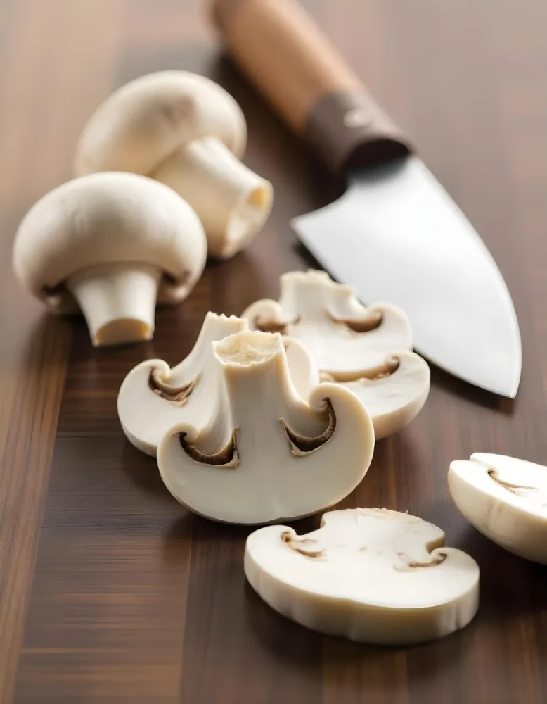 Sliced White Mushrooms On A Wooden Cutting Board With A Knife 4 877c