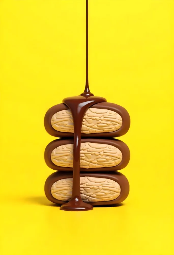 Stack Of Three Chocolate Covered Cookies With Chocolate Syrup Being Poured On Top Bright Yellow Background 6 995a