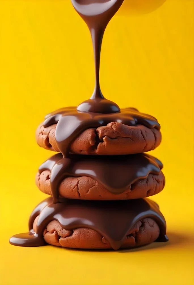 Stack Of Three Chocolate Covered Cookies With Chocolate Syrup Being Poured On Top Bright Yellow Background 7 Aa96