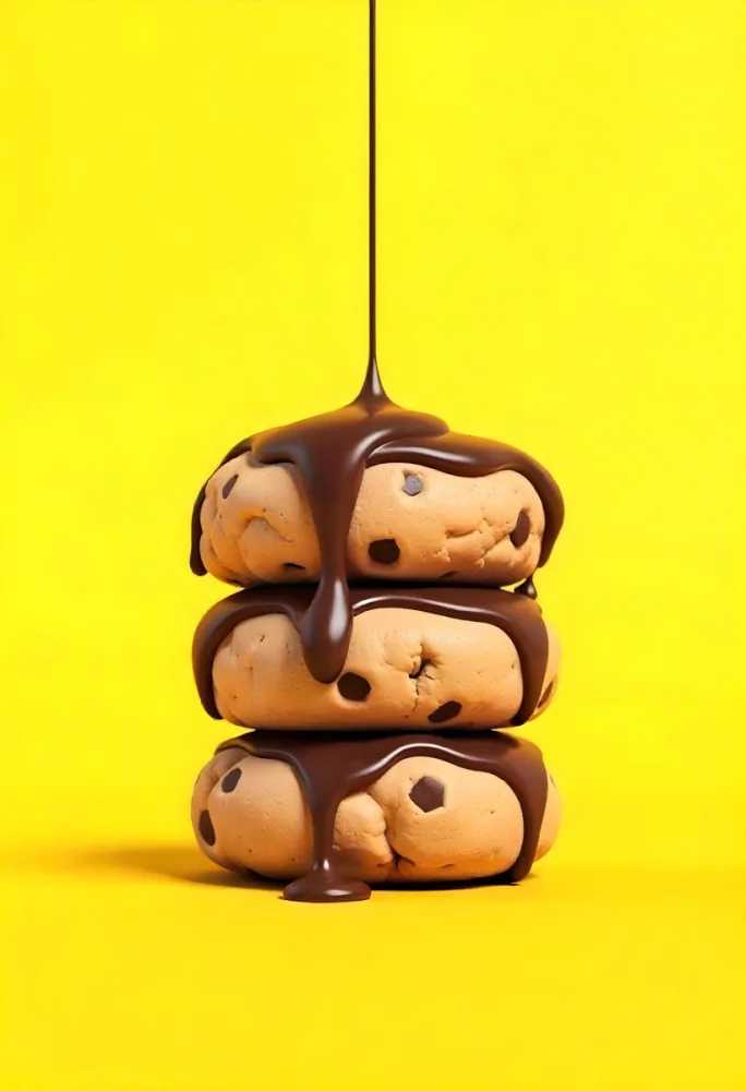 Stack Of Three Chocolate Covered Cookies With Chocolate Syrup Being Poured On Top Bright Yellow Background 8 3297