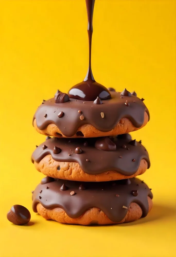 Stack Of Three Chocolate Covered Cookies With Chocolate Syrup Being Poured On Top Bright Yellow Background 9 19cd