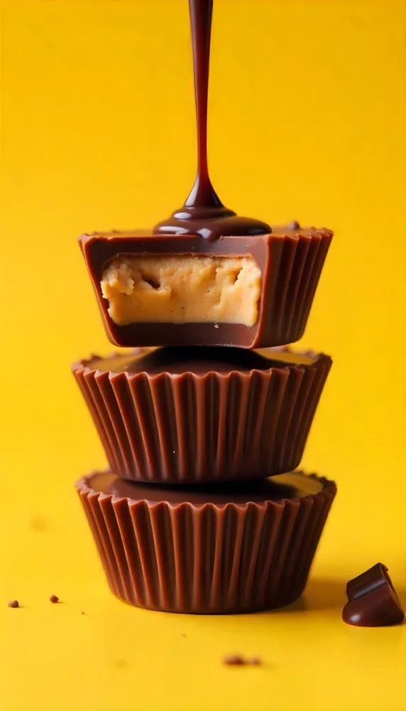 Stack Of Three Chocolate Peanut Butter Cups With Chocolate Syrup Being Poured On Top In A Yellow Background 5 4c67
