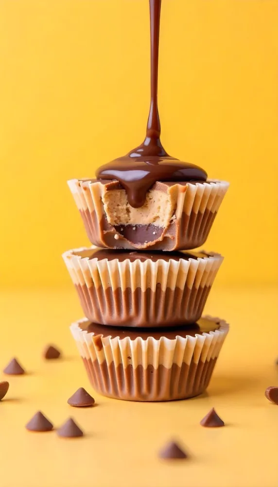 Stack Of Three Chocolate Peanut Butter Cups With Chocolate Syrup Being Poured On Top In A Yellow Background 6 D4af