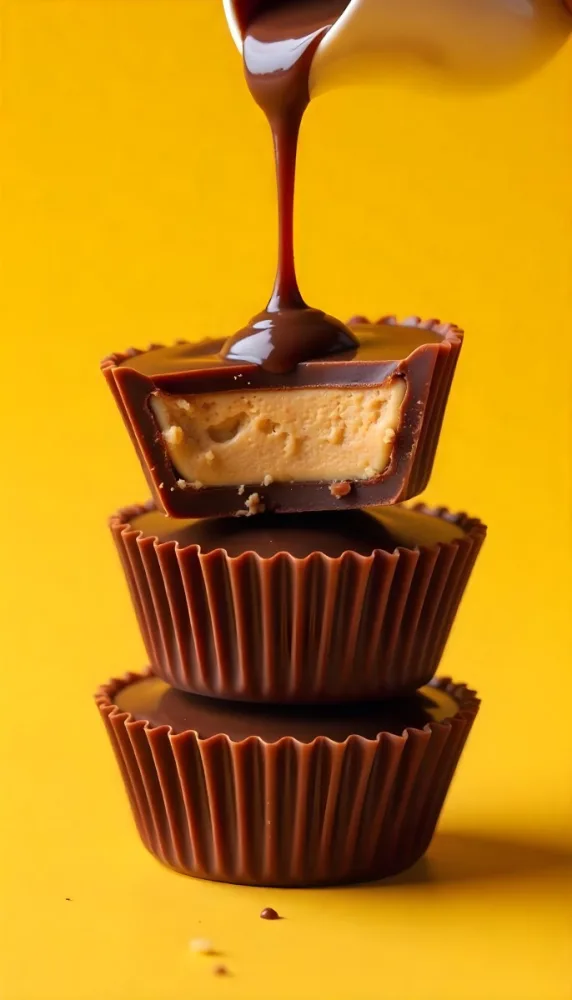 Stack Of Three Chocolate Peanut Butter Cups With Chocolate Syrup Being Poured On Top In A Yellow Background 9 27c7