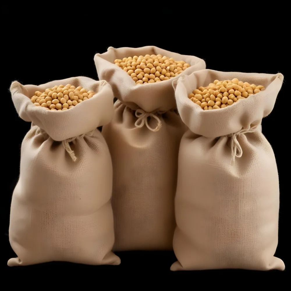 Three Jute Sacks Filled With Soybeans Tied With String Creating A Rustic And Textured Composition Against A Black Background 8 875c