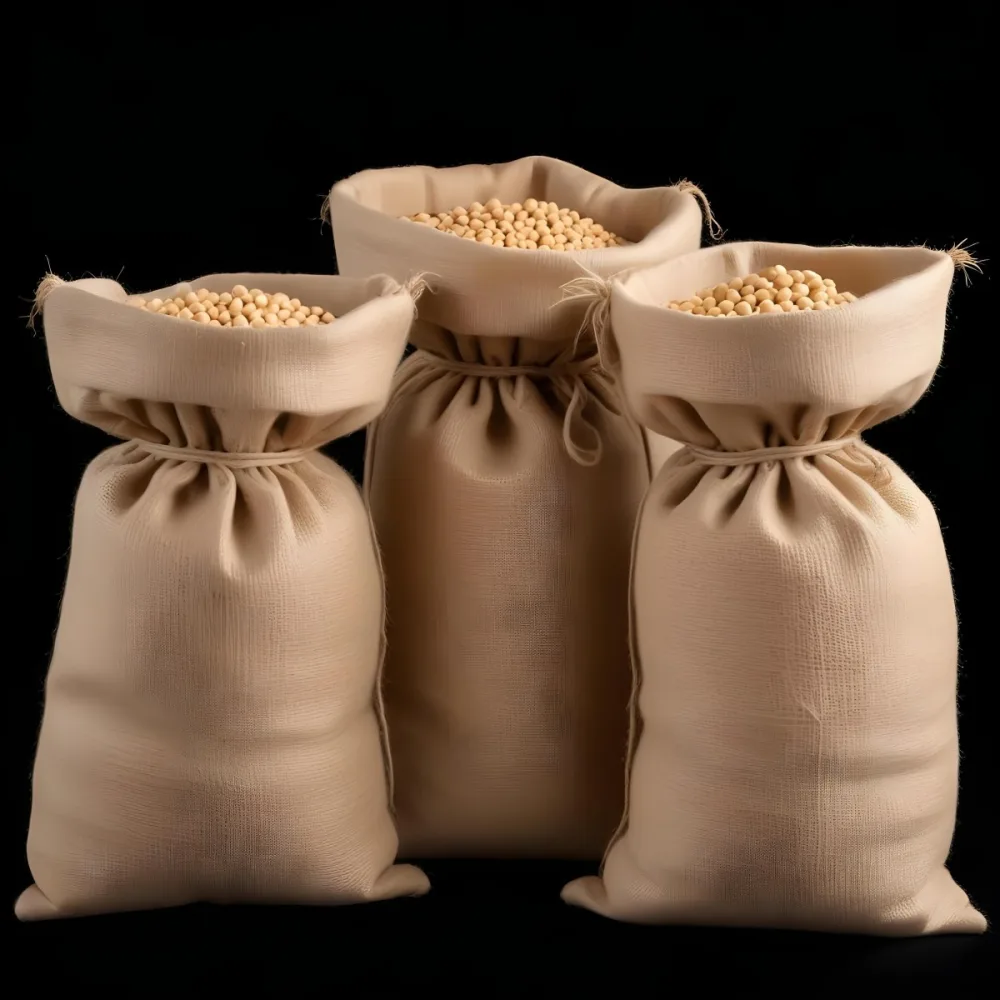 Three Jute Sacks Filled With Soybeans Tied With String Creating A Rustic And Textured Composition Against A Black Background 9 869a