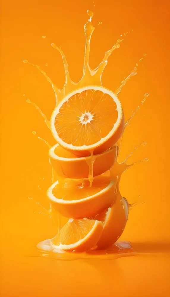 Three Orange Slices Stacked On Top Of Each Other With Juice Splashing Around Them Vibrant Orange Background Refreshing And Juicy Close Up Shot Studio Lighting Dynamic Composition 10 1579