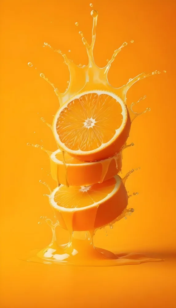 Three Orange Slices Stacked On Top Of Each Other With Juice Splashing Around Them Vibrant Orange Background Refreshing And Juicy Close Up Shot Studio Lighting Dynamic Composition 18 0cf2