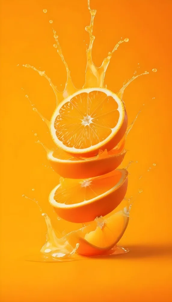 Three Orange Slices Stacked On Top Of Each Other With Juice Splashing Around Them Vibrant Orange Background Refreshing And Juicy Close Up Shot Studio Lighting Dynamic Composition 19 75b0