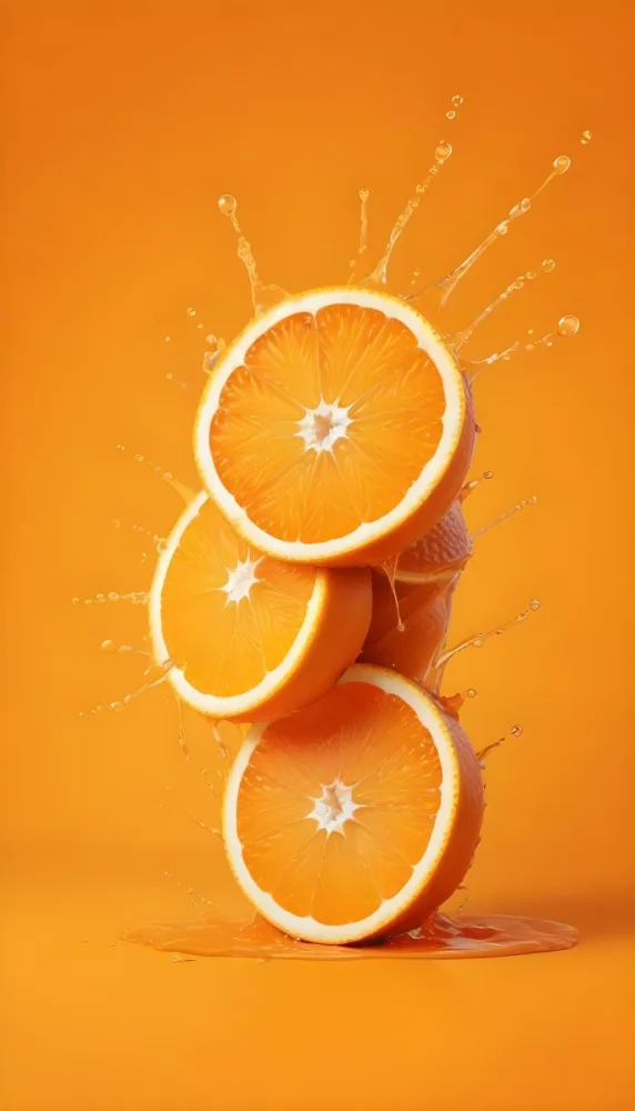 Three Orange Slices Stacked On Top Of Each Other With Juice Splashing Around Them Vibrant Orange Background Refreshing And Juicy Close Up Shot Studio Lighting Dynamic Composition 25 A205