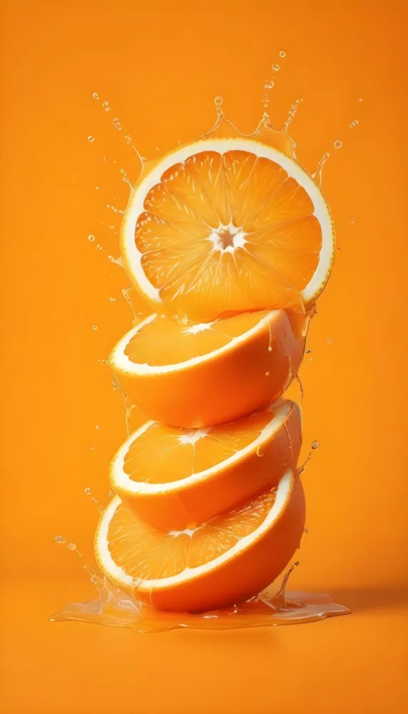 Three Orange Slices Stacked On Top Of Each Other With Juice Splashing Around Them Vibrant Orange Background Refreshing And Juicy Close Up Shot Studio Lighting Dynamic Composition 29 Bc29