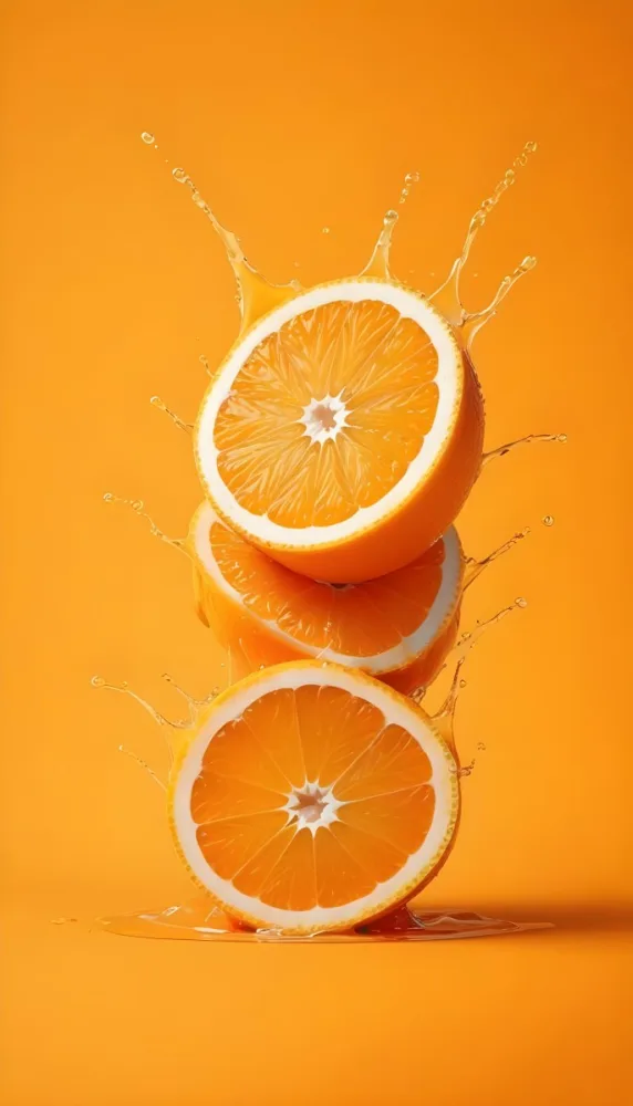 Three Orange Slices Stacked On Top Of Each Other With Juice Splashing Around Them Vibrant Orange Background Refreshing And Juicy Close Up Shot Studio Lighting Dynamic Composition 30 9c9e