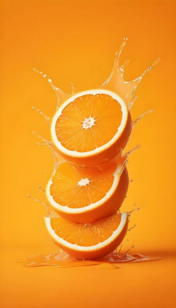 Three Orange Slices Stacked On Top Of Each Other With Juice Splashing Around Them Vibrant Orange Background Refreshing And Juicy Close Up Shot Studio Lighting Dynamic Composition 31 6563