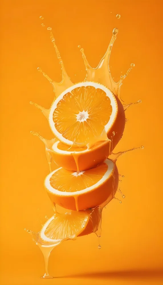 Three Orange Slices Stacked On Top Of Each Other With Juice Splashing Around Them Vibrant Orange Background Refreshing And Juicy Close Up Shot Studio Lighting Dynamic Composition 32 1c3a