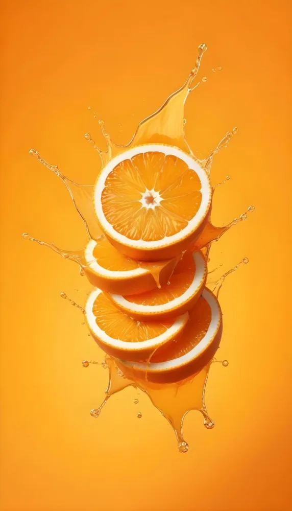 Three Orange Slices Stacked On Top Of Each Other With Juice Splashing Around Them Vibrant Orange Background Refreshing And Juicy Close Up Shot Studio Lighting Dynamic Composition 4 92d3