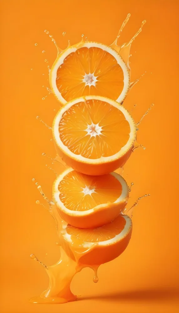 Three Orange Slices Stacked On Top Of Each Other With Juice Splashing Around Them Vibrant Orange Background Refreshing And Juicy Close Up Shot Studio Lighting Dynamic Composition 6 Aec7