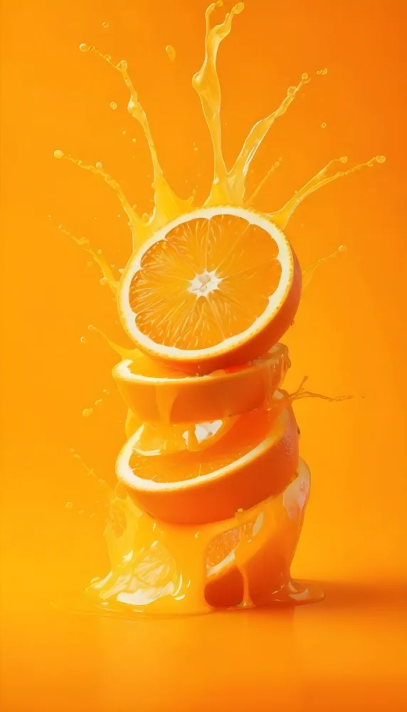 Three Orange Slices Stacked On Top Of Each Other With Juice Splashing Around Them Vibrant Orange Background Refreshing And Juicy Close Up Shot Studio Lighting Dynamic Composition 8 A6a9