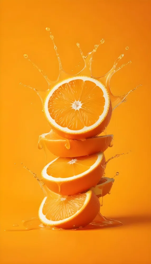 Three Orange Slices Stacked On Top Of Each Other With Juice Splashing Around Them Vibrant Orange Background Refreshing And Juicy Close Up Shot Studio Lighting Dynamic Composition 9 112c