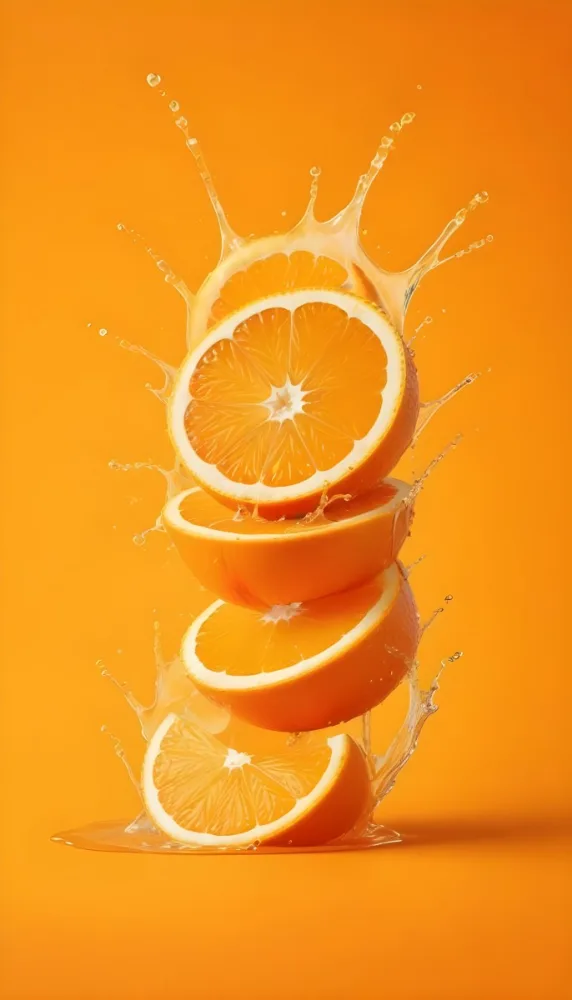 Three Orange Slices Stacked On Top Of Each Other With Juice Splashing Around Them Vibrant Orange Background Refreshing And Juicy Close Up Shot Studio Lighting Dynamic Composition 9 4c83