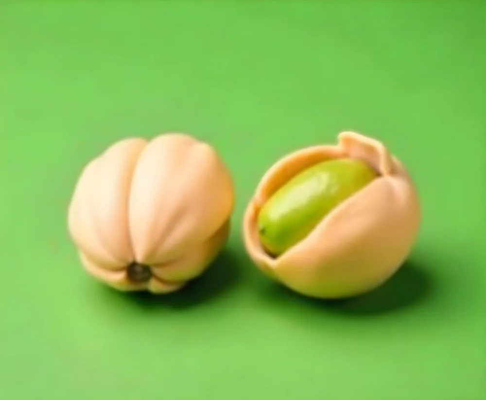 Two Pistachios One Closed And One Open Revealing The Green Nut Inside On A Green Background 33 A48f