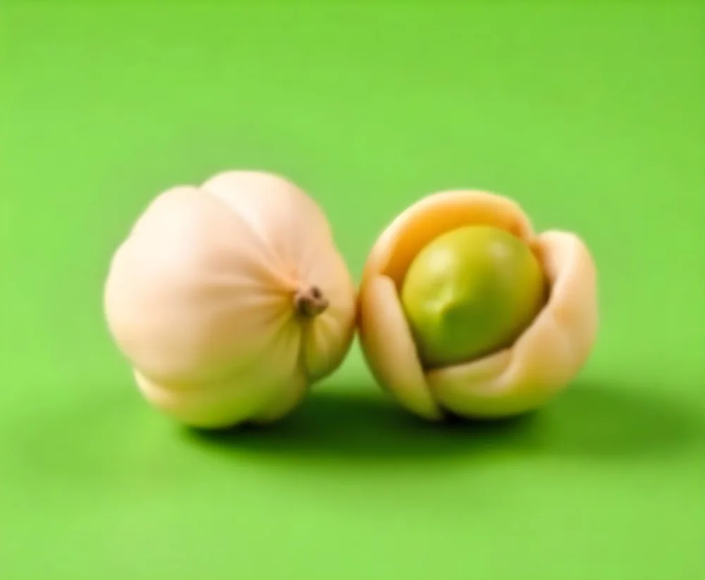 Two Pistachios One Closed And One Open Revealing The Green Nut Inside On A Green Background 37 E04b
