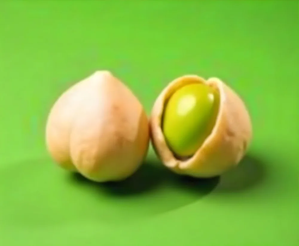 Two Pistachios One Closed And One Open Revealing The Green Nut Inside On A Green Background 38 E6ab