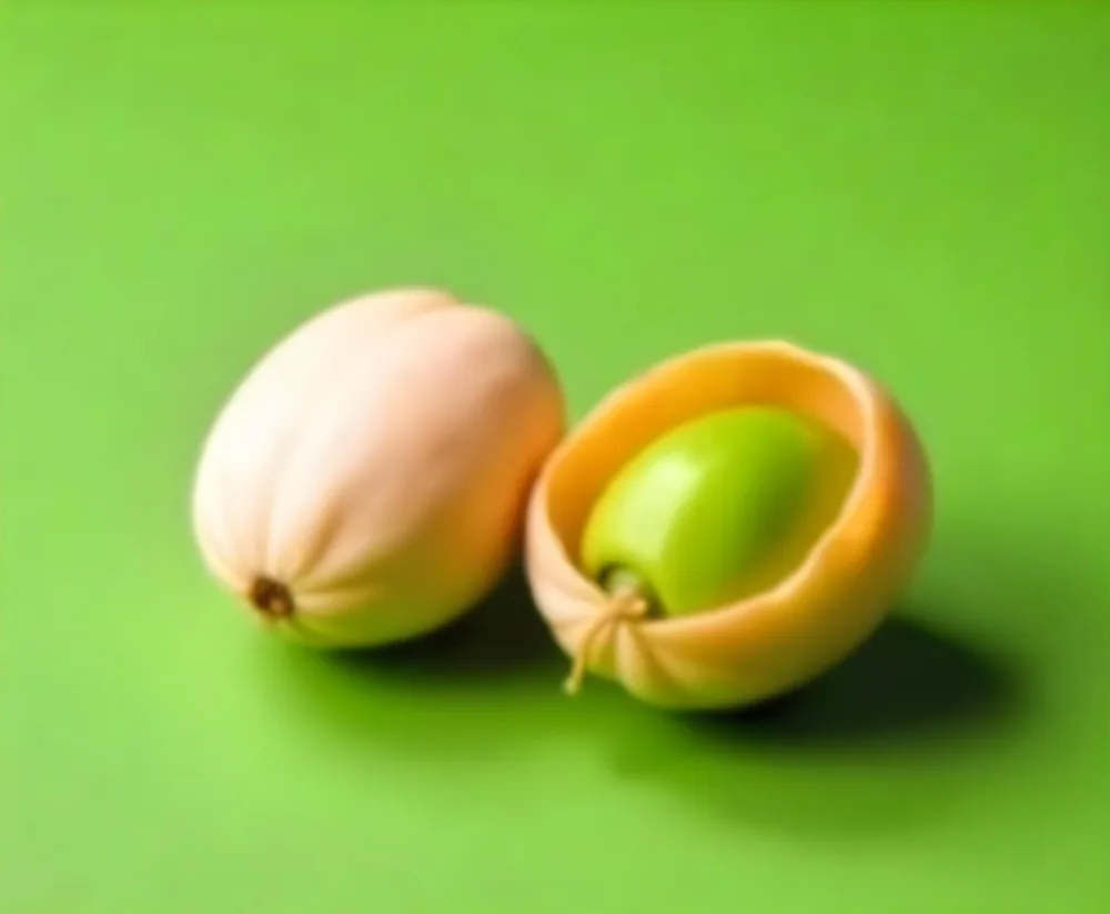 Two Pistachios One Closed And One Open Revealing The Green Nut Inside On A Green Background 40 3eeb