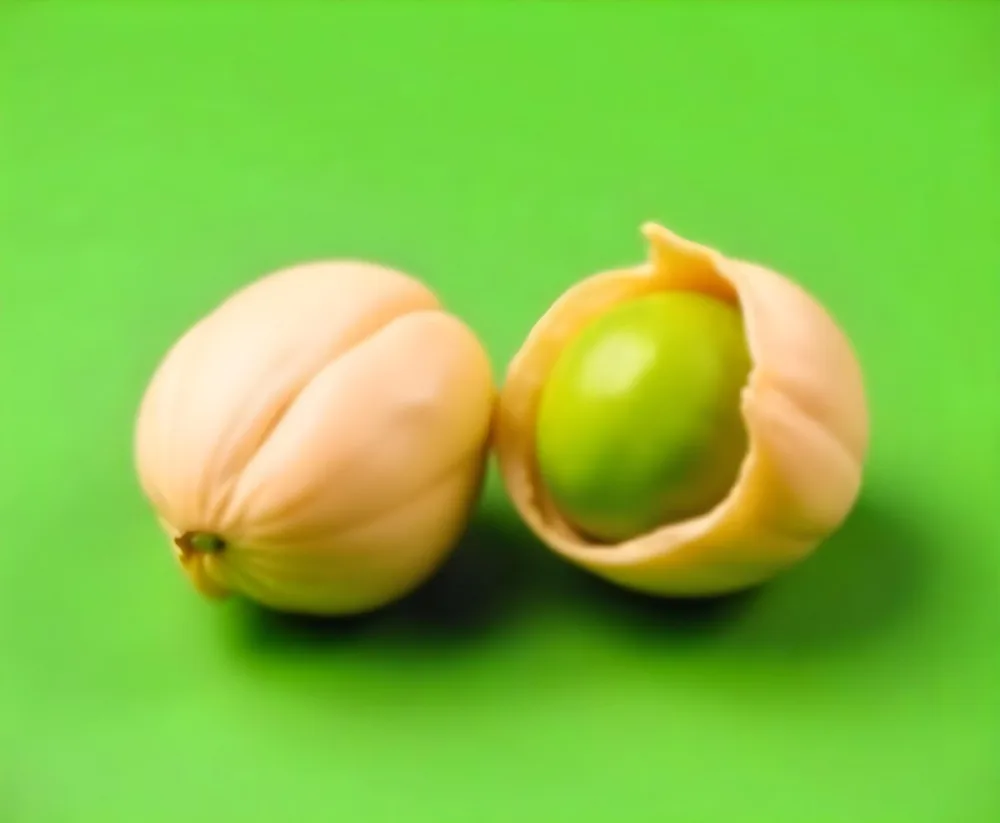 Two Pistachios One Closed And One Open Revealing The Green Nut Inside On A Green Background 44 4fac