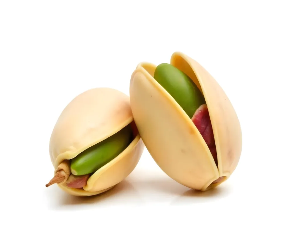 Two Pistachios One Closed And One Open Revealing The Green Nut Inside On A Green Background 8 6c2c