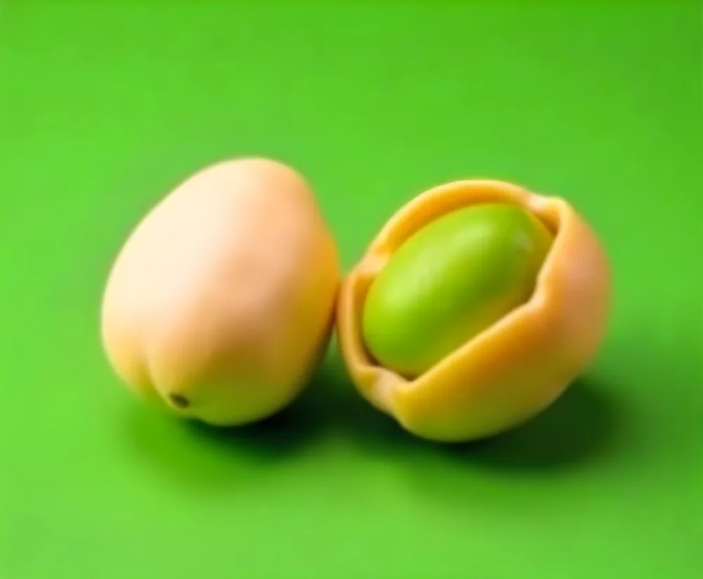Two Pistachios One Closed And One Open Revealing The Green Nut Inside On A Green Background 9 461d