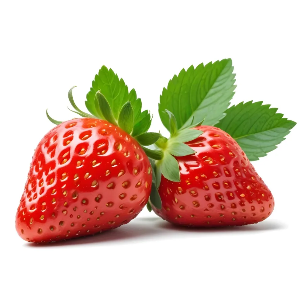 Two Ripe Red Strawberries With Green Leaves 111 E053