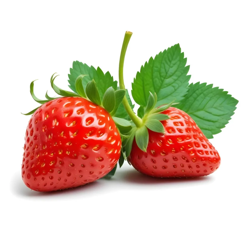Two Ripe Red Strawberries With Green Leaves 50 13ef