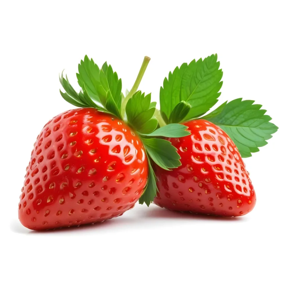 Two Ripe Red Strawberries With Green Leaves 56 571e