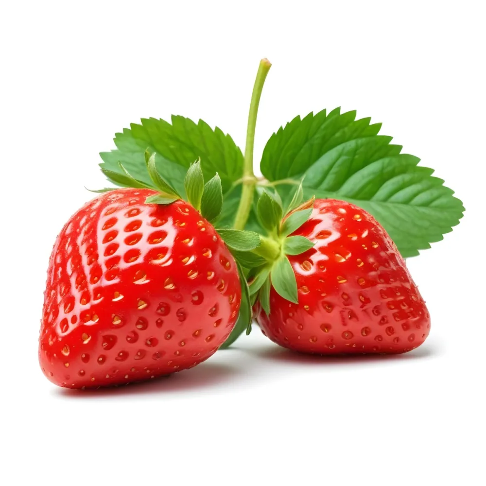 Two Ripe Red Strawberries With Green Leaves 59 Bb39