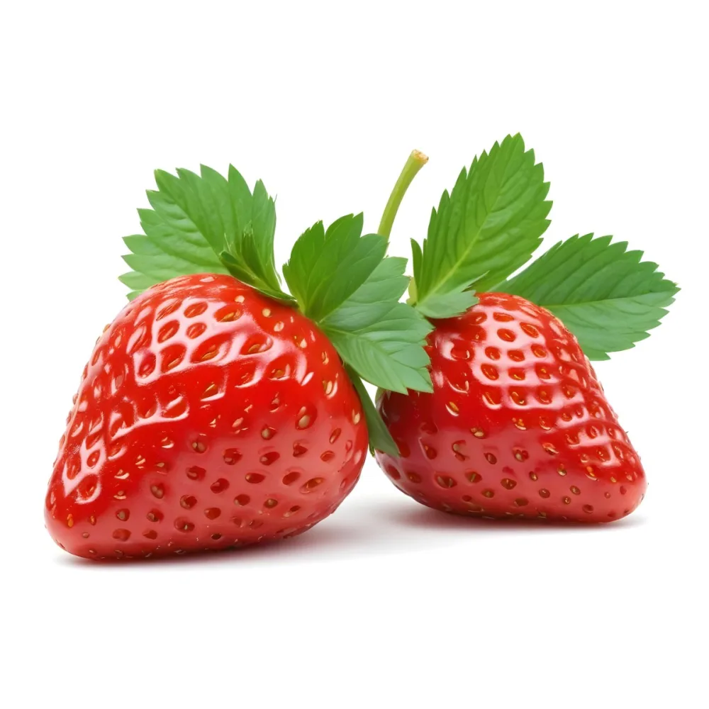 Two Ripe Red Strawberries With Green Leaves 69 5974