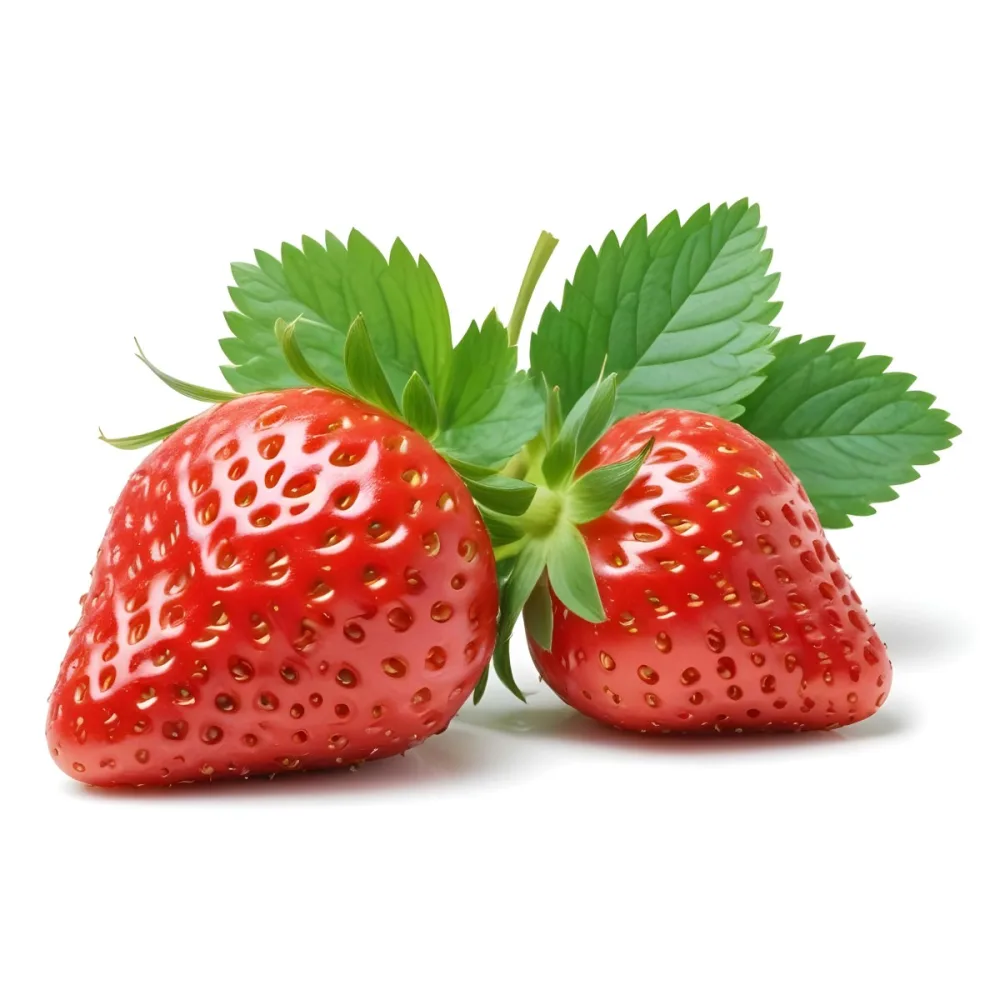 Two Ripe Red Strawberries With Green Leaves 75 E5bb