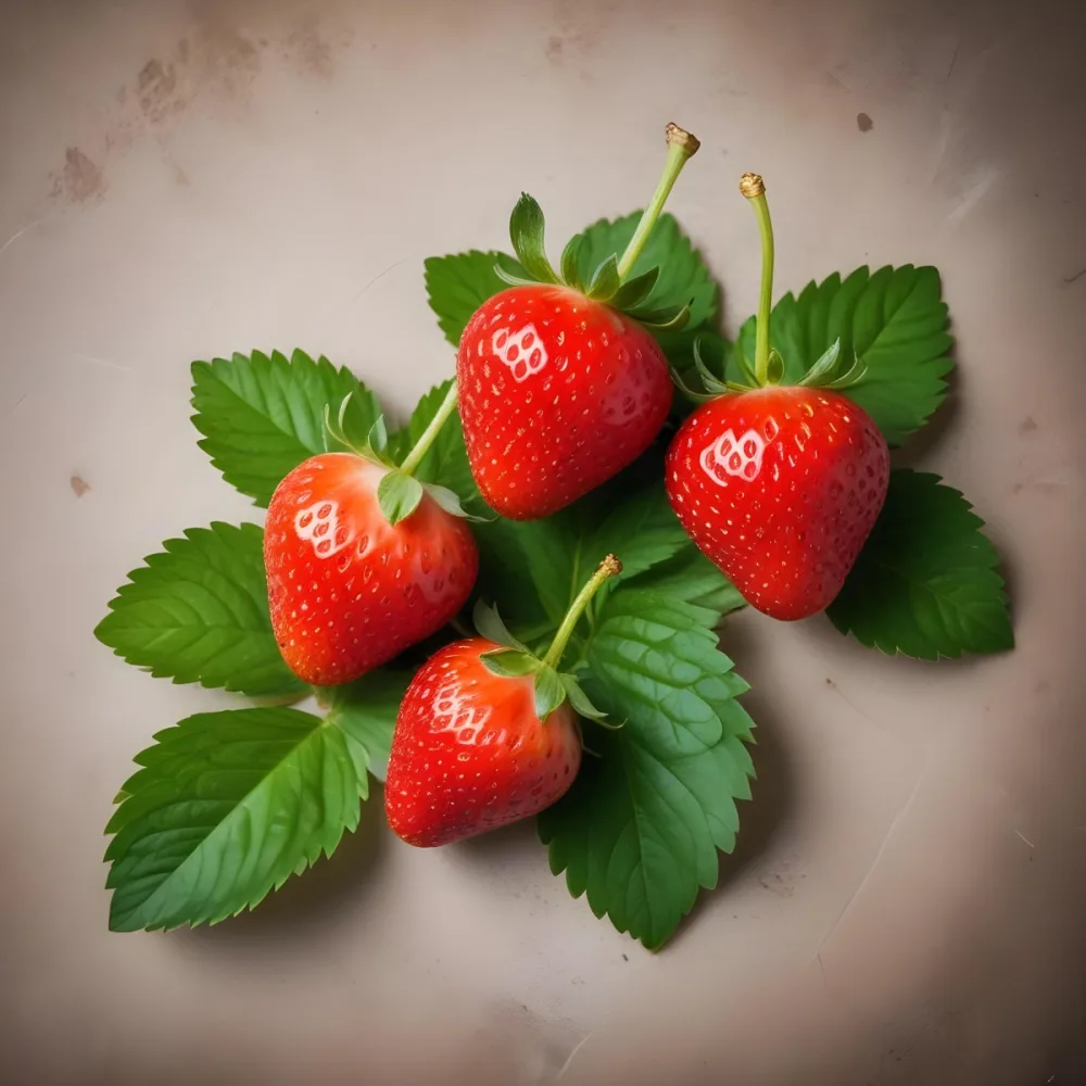 Two Ripe Red Strawberries With Green Leaves 76 995e