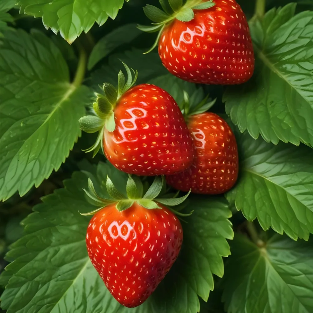 Two Ripe Red Strawberries With Green Leaves 89 1e63