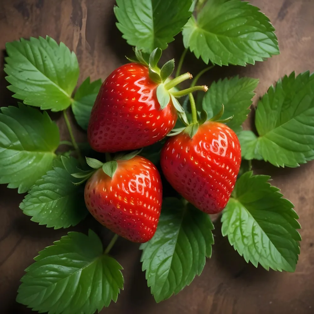 Two Ripe Red Strawberries With Green Leaves 93 191a