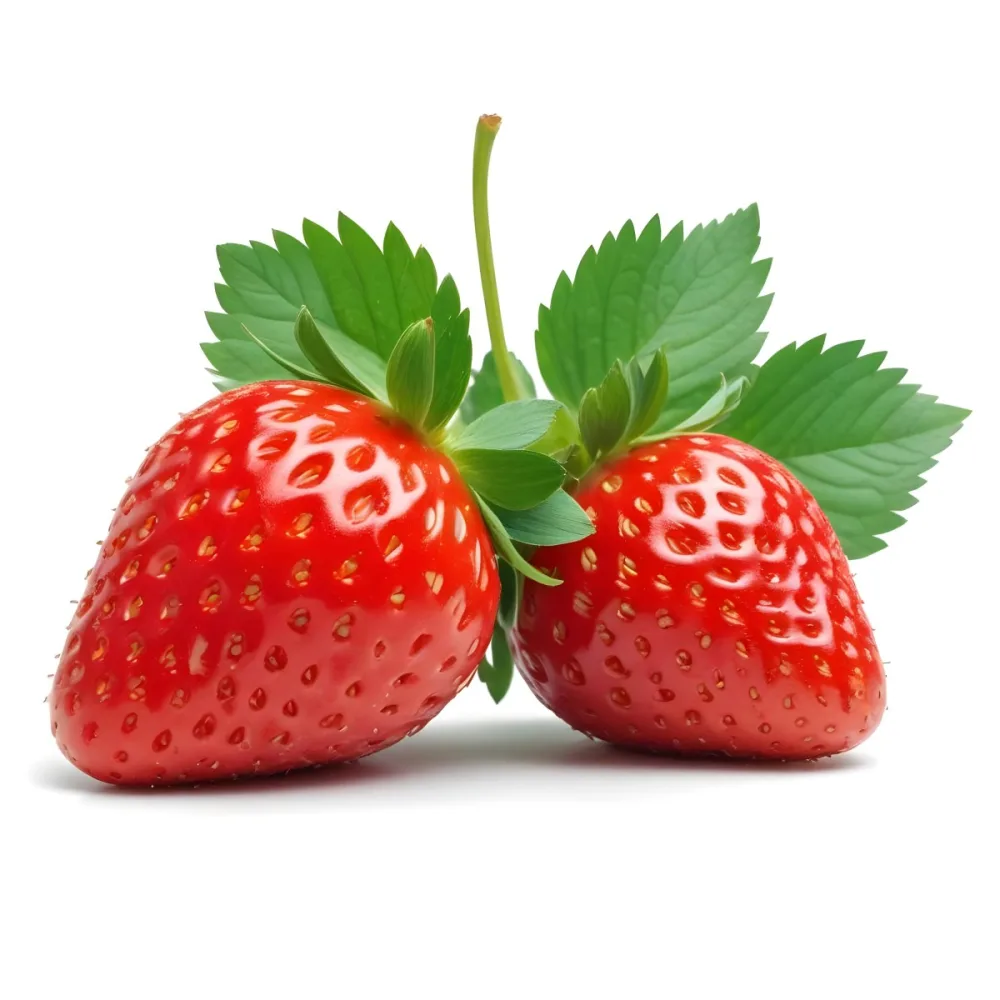 Two Ripe Red Strawberries With Green Leaves 94 3ac9