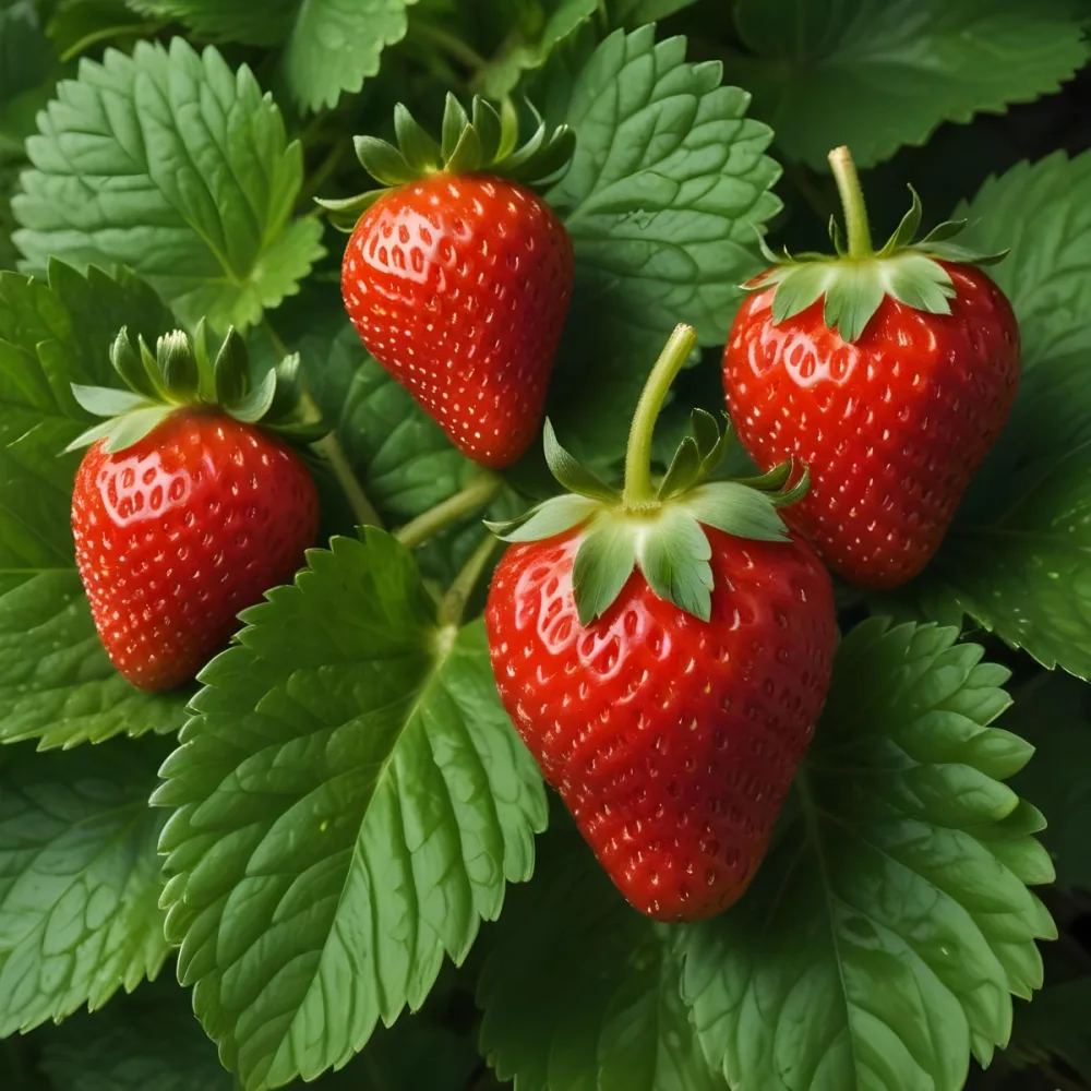 Two Ripe Red Strawberries With Green Leaves 96 5c3a