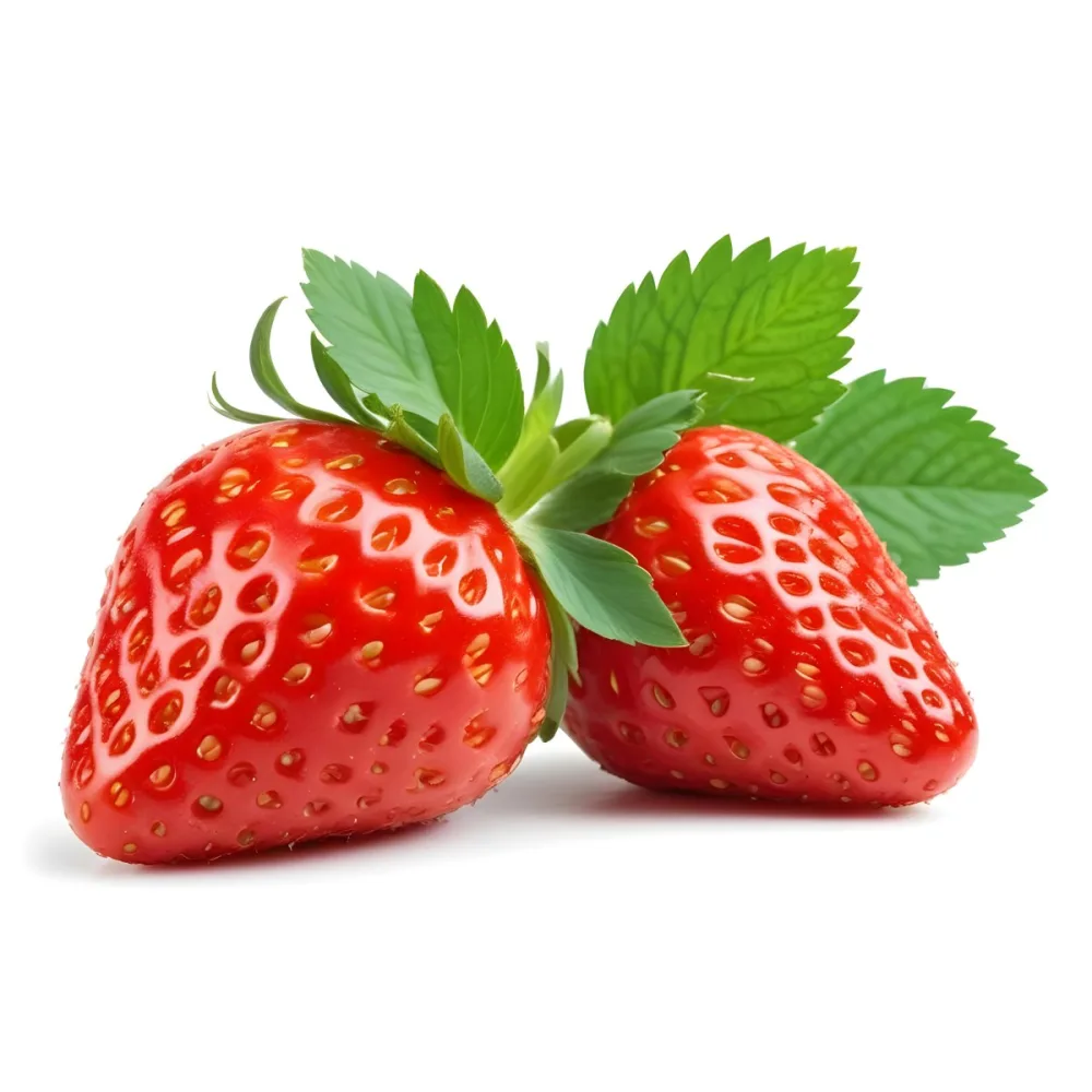 Two Ripe Red Strawberries With Green Leaves 97 85be
