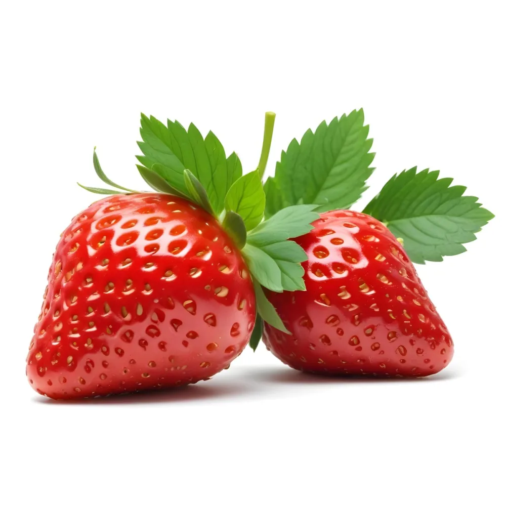 Two Ripe Red Strawberries With Green Leaves 98 04ba