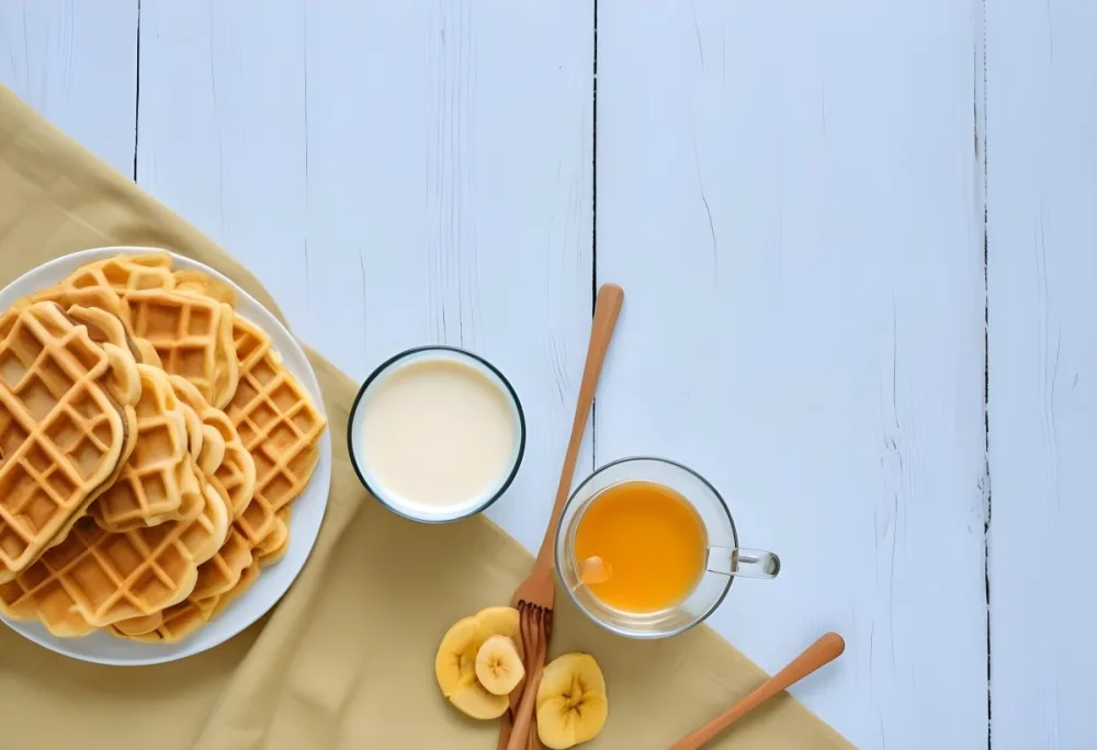Waffles With Banana Slices On A Glass Plate A Glass Of Milk A Bowl Of Honey And A Wooden Dipper On A White Cloth Over A White Wooden Table 31 F092